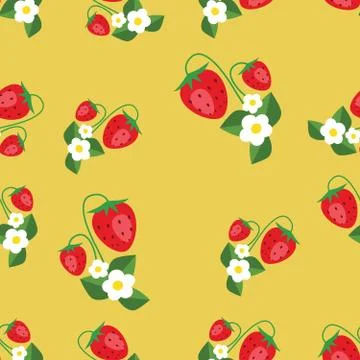 Seamless pattern with strawberries, leafs and flowers. Vector background Stockillustratie