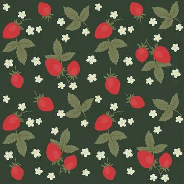 Seamless pattern strawberries, leaves and flowers Stock Illustration