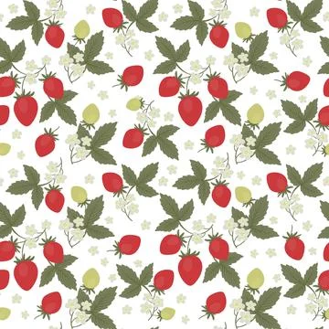 Seamless pattern strawberries, leaves and flowers Stock Illustration