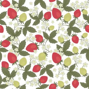 Seamless pattern strawberries, leaves and flowers Stock Illustration