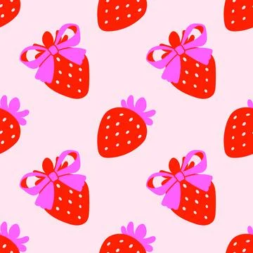 Seamless pattern with strawberries pink bows. Girly background. Repeating print Stock Illustration