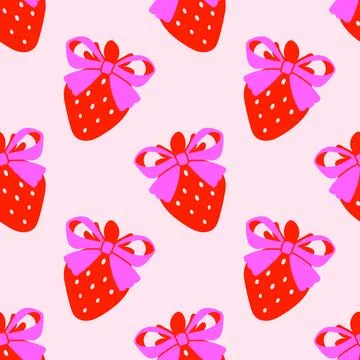 Seamless pattern with strawberries pink bows. Girly background. Repeating print イラスト素材