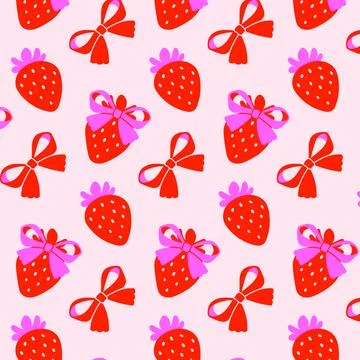 Seamless pattern with strawberries pink bows. Girly background. Repeating print Stock Illustration