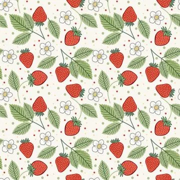 Seamless pattern with strawberries, white flowers and green leaves Stock Illustration