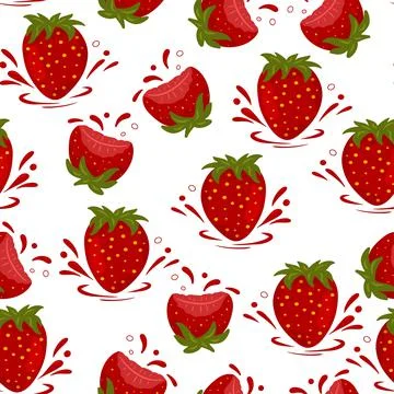 Seamless pattern of strawberries, whole and half berries and splashes Stock Illustration