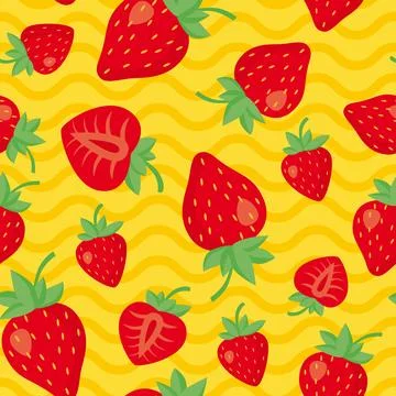 Seamless pattern with strawberries on a yellow background with waves. Illustrazione stock