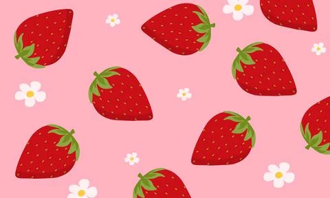 Seamless pattern with strawberry and cute flower on pink background. Strawb.. Stock Illustration