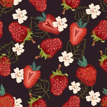 Seamless pattern with strawberry and flower on dark background, vector. Stock Illustration