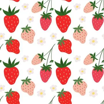 Seamless pattern with Strawberry and flowers. Trendy hand drawn textures Stock Illustration