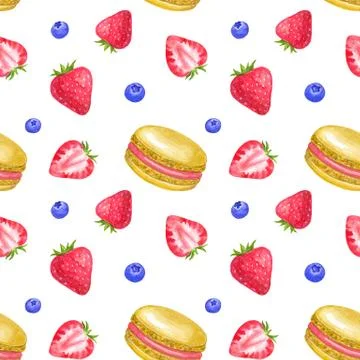 Seamless pattern with strawberry and macaroons. Hand drawn watercolor Stock Illustration