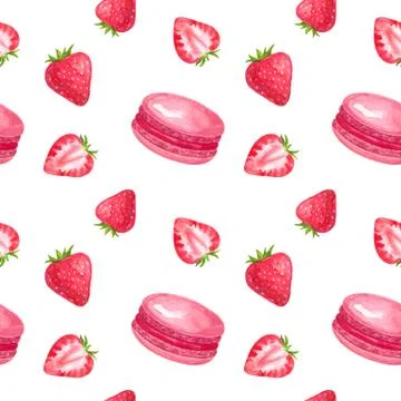 Seamless pattern with strawberry and macaroons. Hand drawn watercolor Stock Illustration