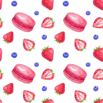Seamless pattern with strawberry and macaroons. Hand drawn watercolor Stock Illustration