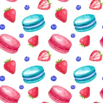 Seamless pattern with strawberry and macaroons. Hand drawn watercolor Stock Illustration