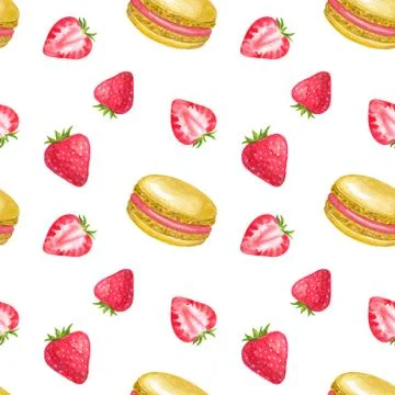Seamless pattern with strawberry and macaroons. Hand drawn watercolor Stock Illustration