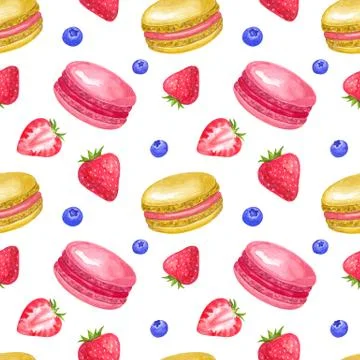 Seamless pattern with strawberry and macaroons. Hand drawn watercolor Stock Illustration