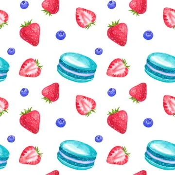 Seamless pattern with strawberry and macaroons. Hand drawn watercolor Illustration
