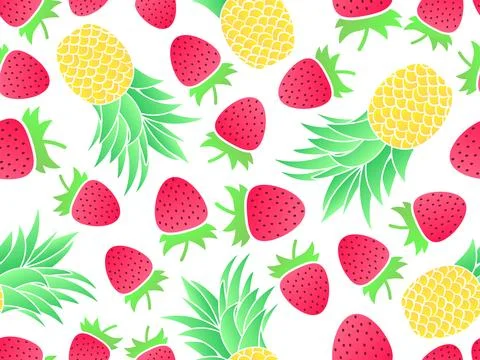 Seamless pattern with strawberry and pineapple, gradient colors. Summer fru.. Illustrazione stock