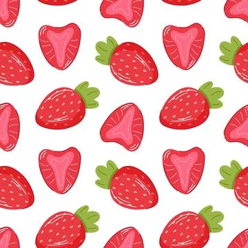 Seamless pattern with strawberry and slices in flat style. Repeating berry Stock Illustration