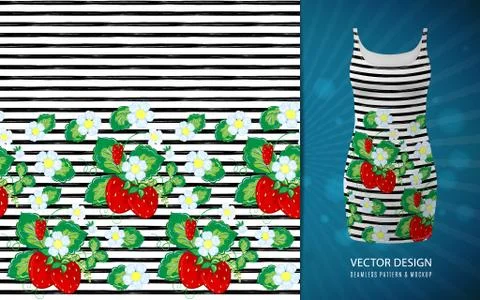 Seamless pattern with strawberry and strips, used on short dress mock up. Vector Stock Illustration