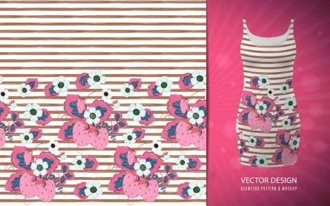 Seamless pattern with strawberry and strips, used on short dress mock up. Vector Stock Illustration