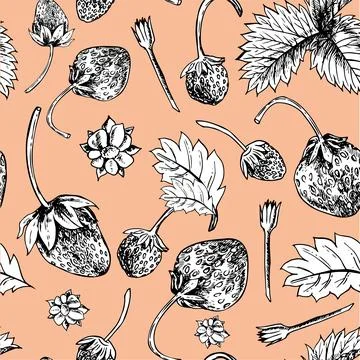 Seamless pattern with strawberry berries and leaves. Hand drawn illustration Stock Illustration