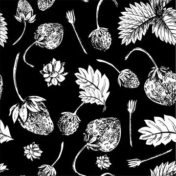 Seamless pattern with strawberry berries and leaves. Hand drawn illustration Stock Illustration