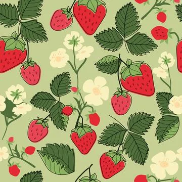 Seamless pattern with strawberry berries, leaves and flowers Ilustração Stock