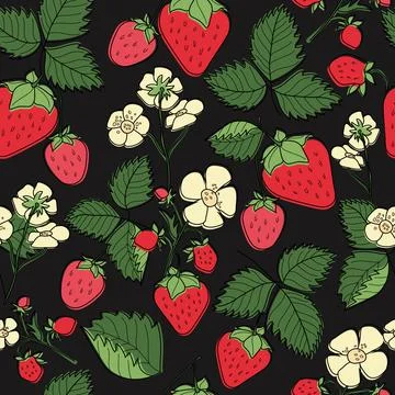 Seamless pattern with strawberry berries, leaves and flowers Ilustração Stock