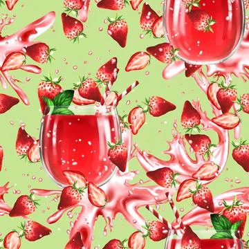 Seamless pattern with strawberry cocktail. Summer background Stock Illustration