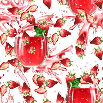 Seamless pattern with strawberry cocktail. Summer background Stock Illustration