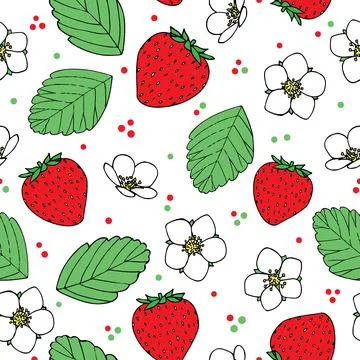 Seamless pattern with strawberry, flowers and leaves Stock Illustration