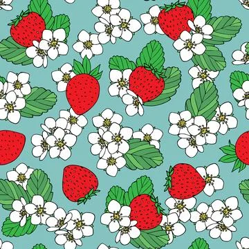 Seamless pattern with strawberry, flowers and leaves illustration Stock Illustration