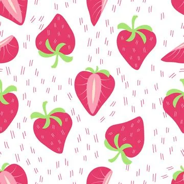Seamless pattern Strawberry with half berry, stripes. crimson color. Vector b Stock Illustration