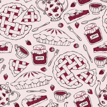 Seamless Pattern with Strawberry Pies, Jam Jars and Teapots. Hand Drawn Doodl Stock Illustration