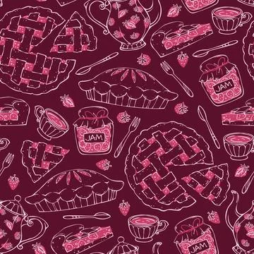 Seamless Pattern with Strawberry Pies, Jam Jars and Teapots. Hand Drawn Doo.. Stock Illustration
