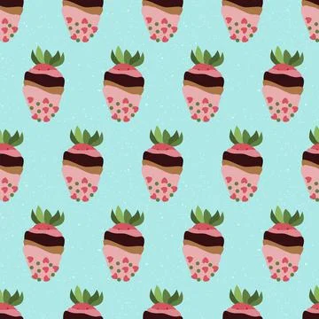 Seamless pattern with strawberry in pink glaze, sprinkle on blue background Illustrazione stock