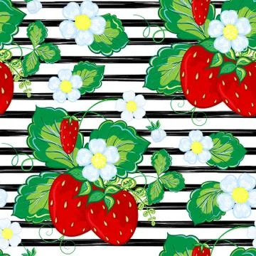 Seamless pattern with strawberry on strips. Summer background. Stock Illustration