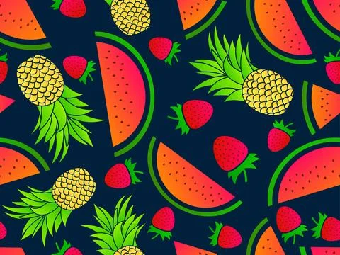 Seamless pattern with strawberry, watermelon and pineapple. Summer berry fr.. Stock Illustration