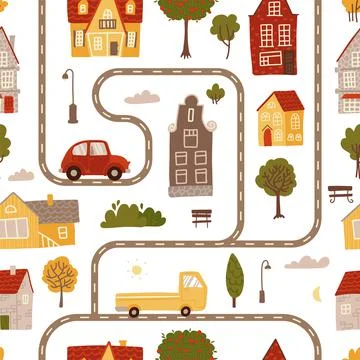 Seamless pattern with streets and roads, housesa and cars. Side view childish Illustrazione stock