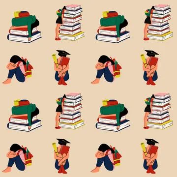 Seamless pattern with Stressed Out School Girl with Stack of Books. Illustrazione stock