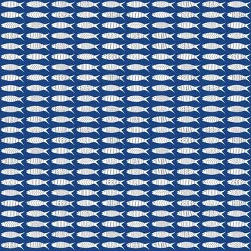 Seamless pattern  with strings of stylized fish on blue background Stock Illustration