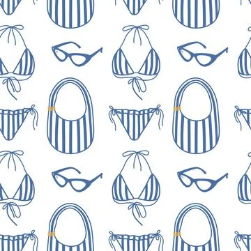 Seamless pattern with striped beach accessories, bikini shapes and modern Stock Illustration