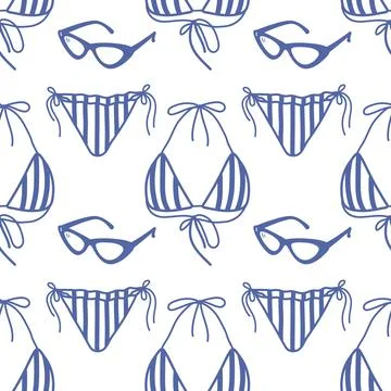 Seamless pattern of striped bikini silhouettes and sunglasses in minimalistic Stock Illustration