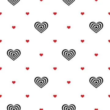Seamless pattern. Striped black-white and red hearts on white background. Vector Illustrazione stock