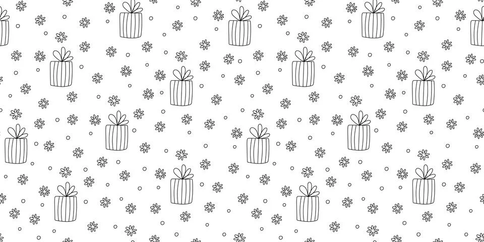 Seamless pattern with striped gift boxes tied with ribbons doodle. Stock Illustration