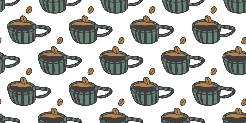 Seamless Pattern with Striped Mug with espresso, Coffee beans. Repeating print Stock Illustration