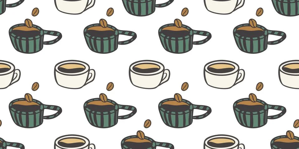 Seamless Pattern of striped Mug, white Cup of black aromatic coffee. Coffee Stock Illustration