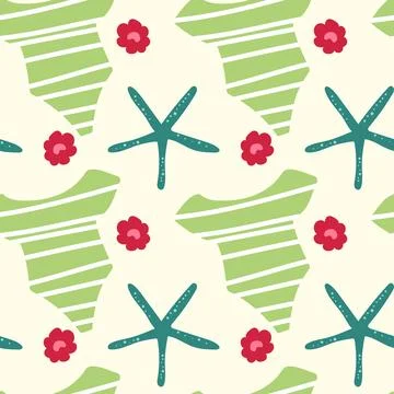 Seamless pattern with striped one piece swimsuit starfish and flowers for sum Stock Illustration