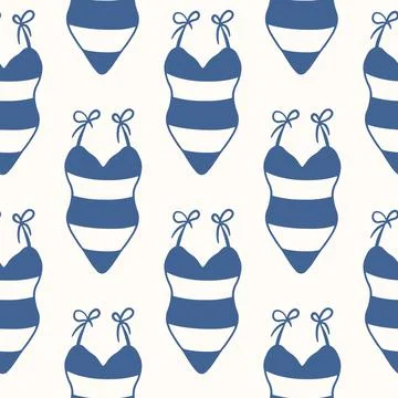 Seamless pattern with striped swimsuit in flat style. Summer beach vacation and 스톡 일러스트