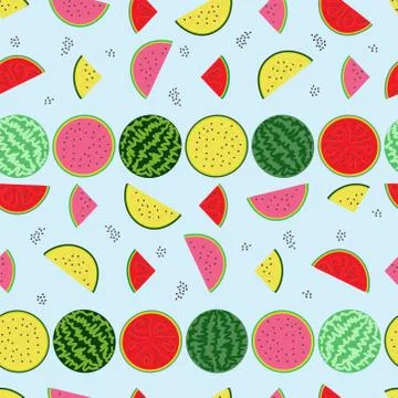 Seamless pattern of striped watermelons, halves and slices of pink, yellow an Stock Illustration